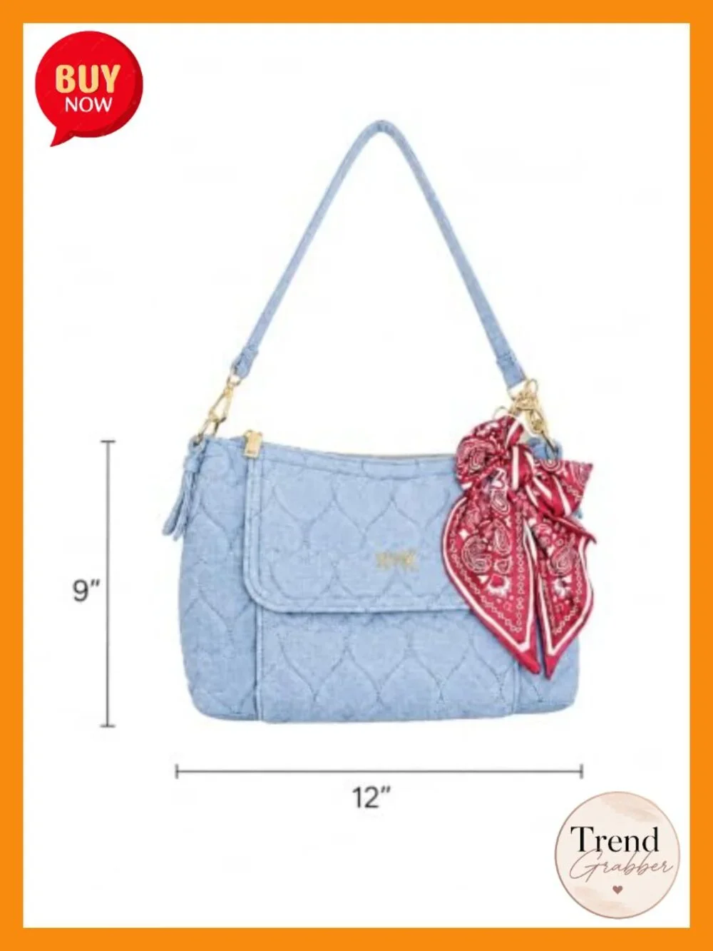 Heart Quilted Denim Shoulder Bag with Convertible Crossbody Strap, Scarf Charm